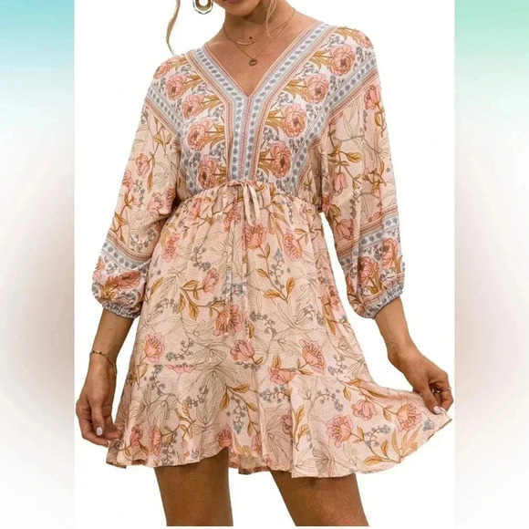 Floral Print V Neck 3/4 Sleeve Tie Waist Ruffle Flowy Short Dress NEW - Picture 4 of 5